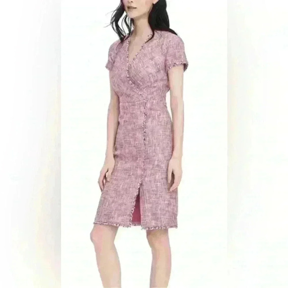 Banana Republic Pink Tweed Short Sleeve Fringed Sheath Dress Size 4 - Picture 1 of 5